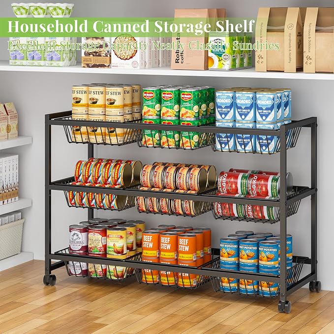 3-Tier Rolling Pantry Cart on Wheels with 9 Removable Baskets, Sturdy Pantry Floor Organizer and Storage, Kitchen Storage Cart for Fruit Vegetables, Snack Organizer for Pantry Kitchen Living Room