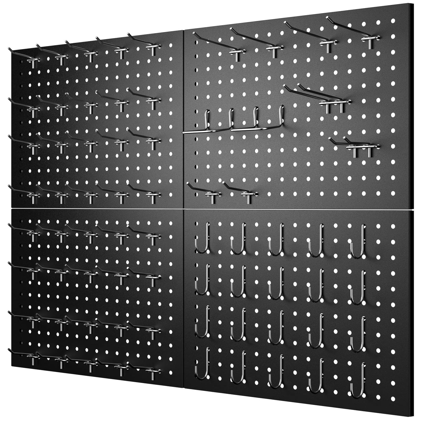 GEDELITE 74PCS Pegboard Wall Organizer, 4 Pack Metal Pegboard Panels with 70 Hooks, 32" x 24" or 64" x 12" Black Peg Board for Walls, Garage, Craft Room, Cold-Rolled Steel