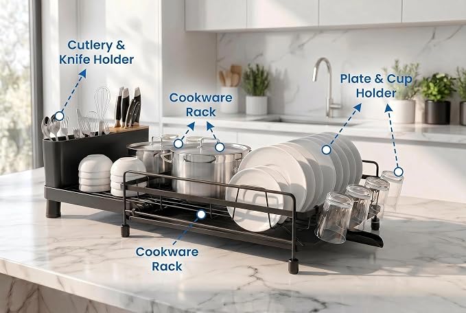 Large Extendable Dish Drying Rack with Bamboo Knife Holder, Rustproof Dish Drainer for Kitchen Counter, Adjustable 19"-27", Black