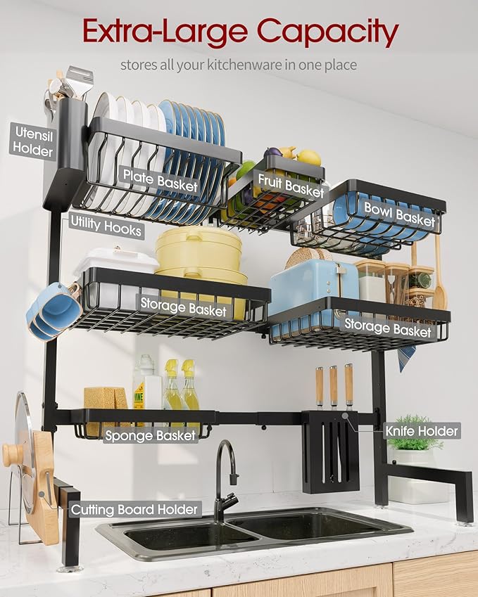 Sakugi Dish Drying Rack - Over The Sink Dish Drainer Drying Rack with Utensil & Knife Holder, Hooks, Stainless Steel Kitchen Organizers and Storage Solution, 11.8" D x 31.5"~39.0''W x 30" H, Black
