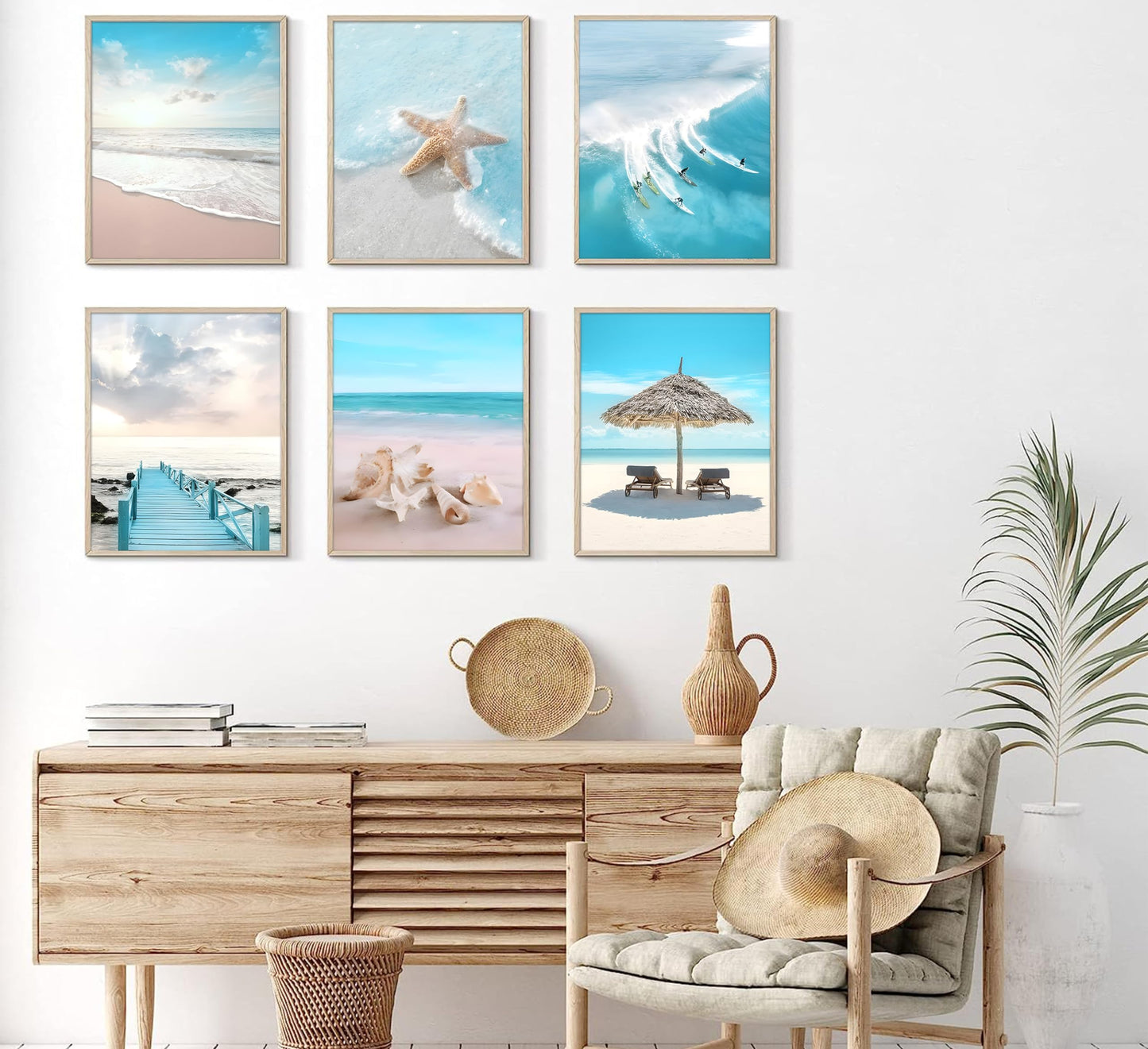 6Pcs Blue Coastal Wall Art,Beach Poster Prints,Summer Ocean Surf Pictures,Seaside Nature Scenery Wall Decor for Living Room Bedroom 8x10-inch UNFRAMED