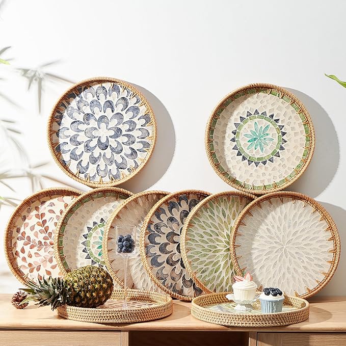 Kmelep Round Rattan Tray with Mother of Pearl Inlay, Rattan Serving Tray with Wooden Base, Decorative Wicker Basket for Table Decor, Storage and Display of Coffee Bread Food Fruit (Leaf 2)