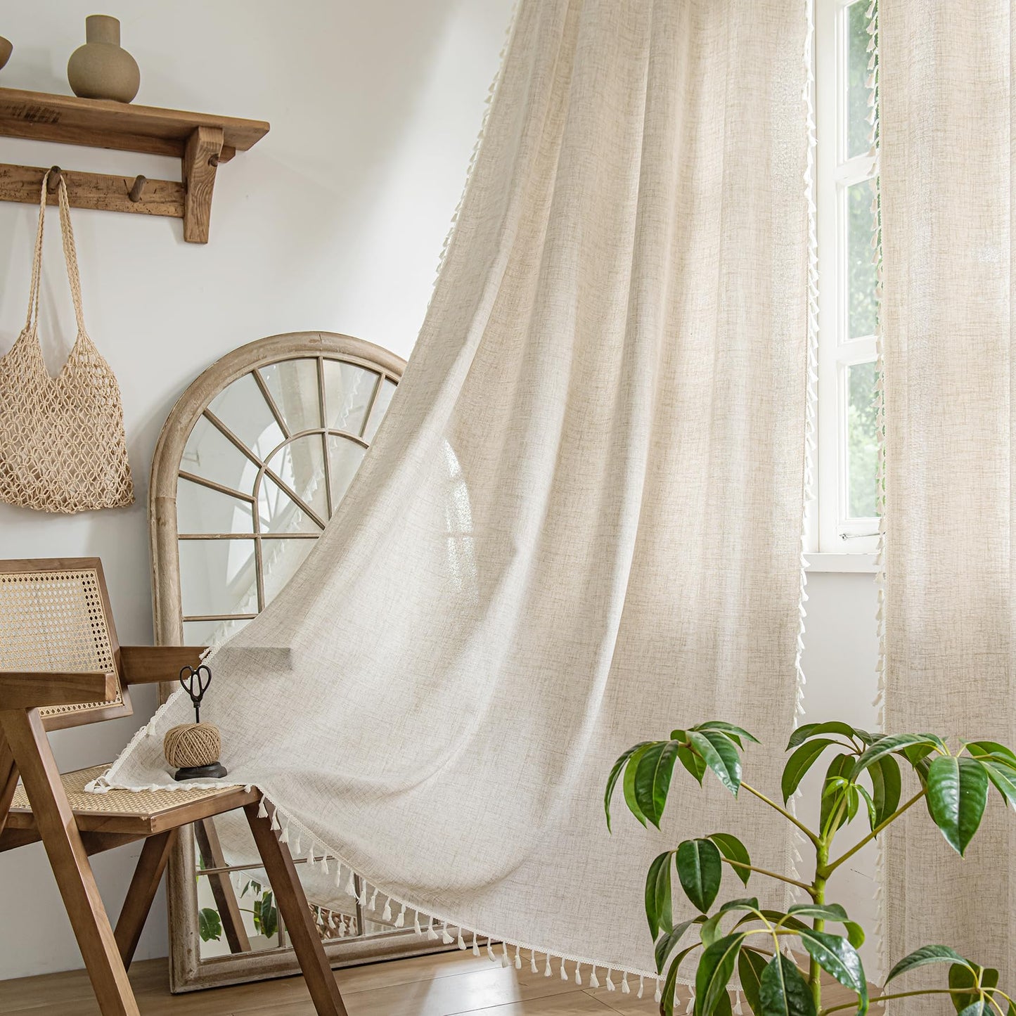 Setaback Boho Curtains for Bedroom Living Room 84 Inch 2 Panels with Tassels, Soft Linen Texture Semi Blackout Sheer Privacy Curtains Window Drapes Rod Pocket, 52" x 84", Natural, 2 Panels