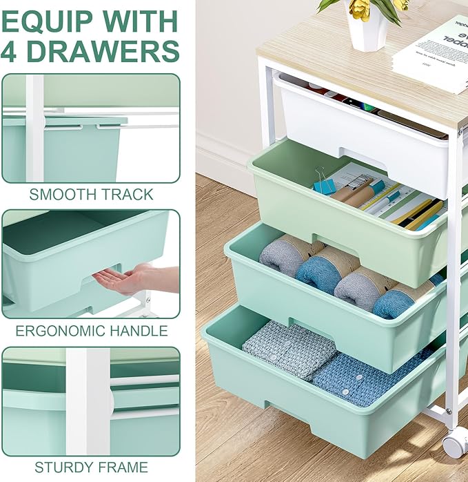 SYKIARIOL Utility Cart with 4 Drawers,Rolling Storage Cart with Drawers,Storage Rolling Drawer Cart with Wooden Tabletop for Bedroom,Kid's Room,Dorm,Classroom,Office,Green