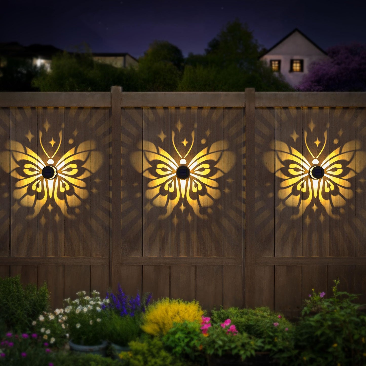 Hapjoy Solar Fence Lights 2 Pack Outdoor Deck Step Wall Lights Metal Waterproof LED Warm Yellow Light for Garden Post Patio Backyard Yard Decor (Butterfly-Star, 2)