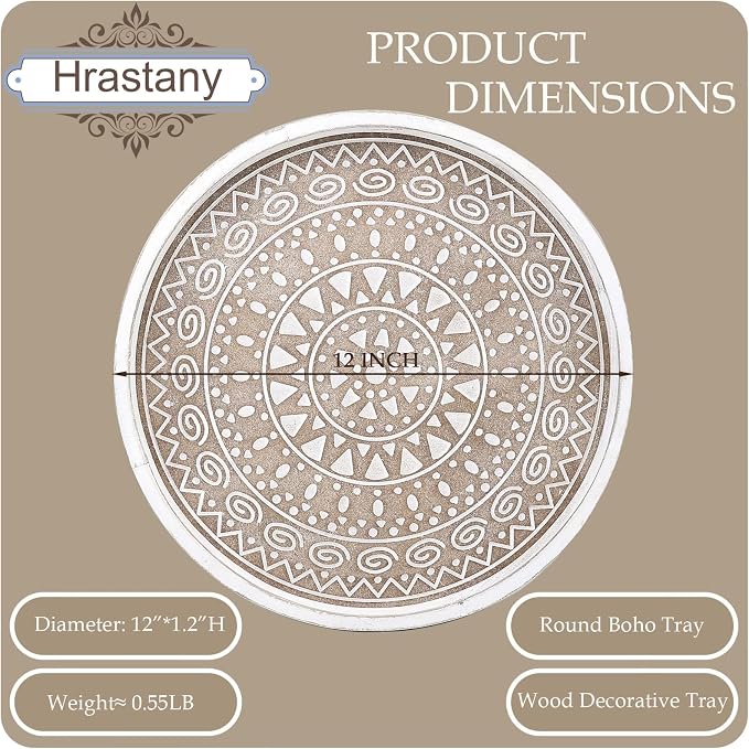Hrastany Boho Round Wooden Decorative Tray, White Farmhouse Candles Tray for Home Decor, A Pattern