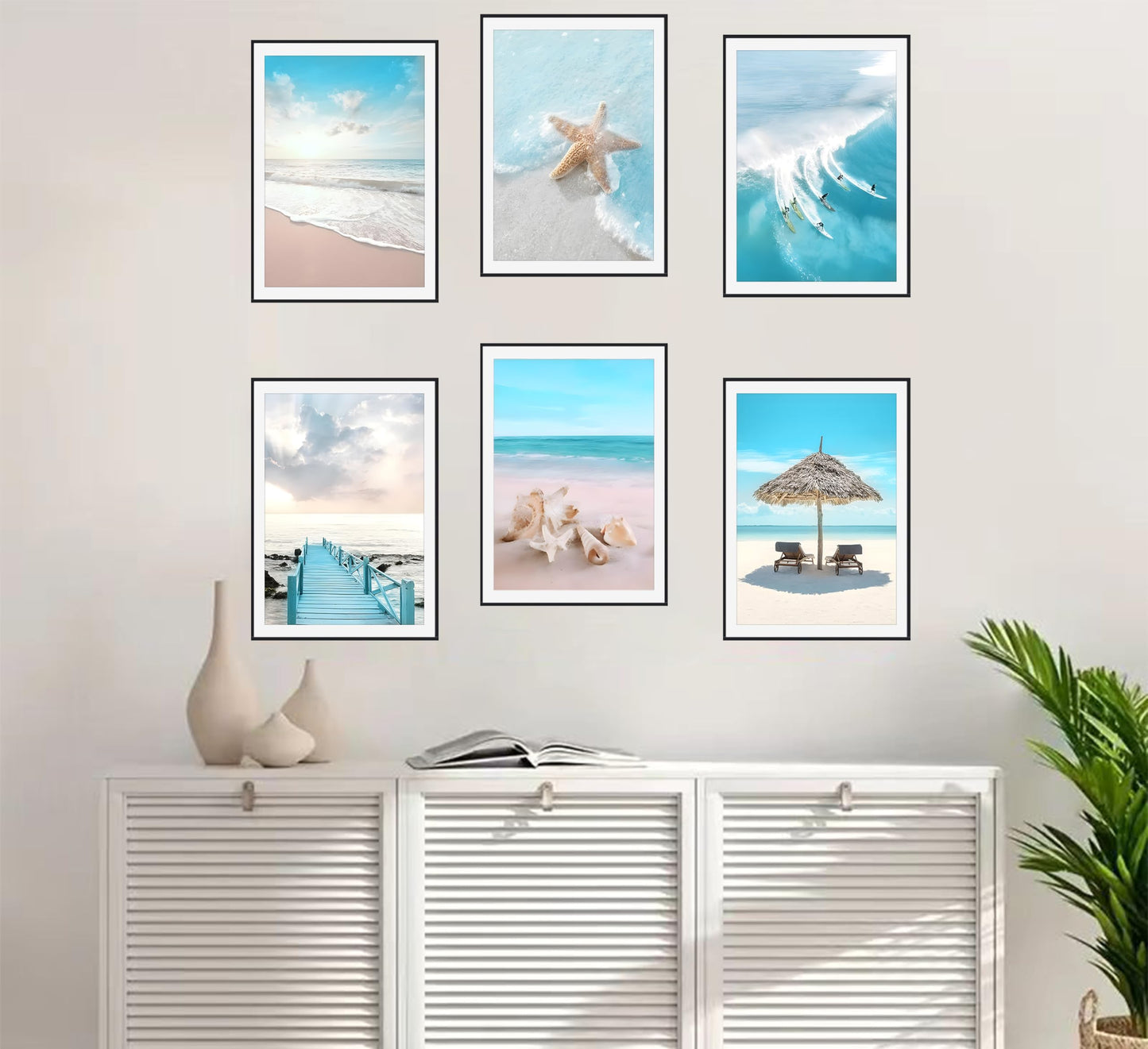 6Pcs Blue Coastal Wall Art,Beach Poster Prints,Summer Ocean Surf Pictures,Seaside Nature Scenery Wall Decor for Living Room Bedroom 8x10-inch UNFRAMED
