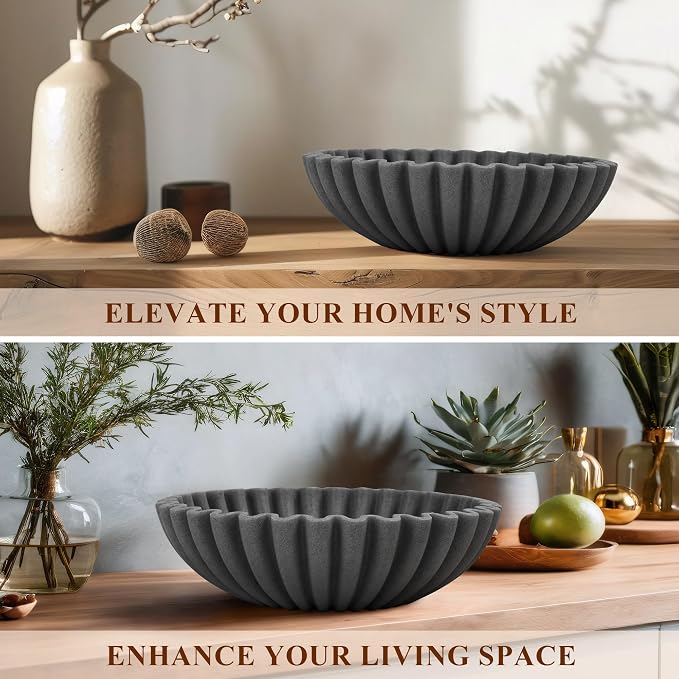 YMXYJM Large Decorative Bowl, Modern Handicraft Bowls for Home Decor, Decorative Fruit Bowl for Kitchen, Ruffle Bowl Decor, Stylish Key bowl for Entry Table, Artificial Stone Black
