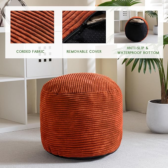 HIGOGOGO Round Stuffed Pouf Ottoman, Corduroy Poufs with Foam Chunk Filling, Furry and Fluffy Pouf Foot Stool Storage Ottoman, 26 X 18 Floor Poufs Foot Rest for Living Room, Terra Cotta