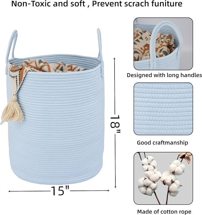 XUANGUO Cotton Rope Laundry Basket Hamper for Clothes Woven Storage Basket for Living Room Bedroom Boho Tall Rope Baskets for Blanket Toys Pillow Towels Baby Nursery Hamper Bin light blue