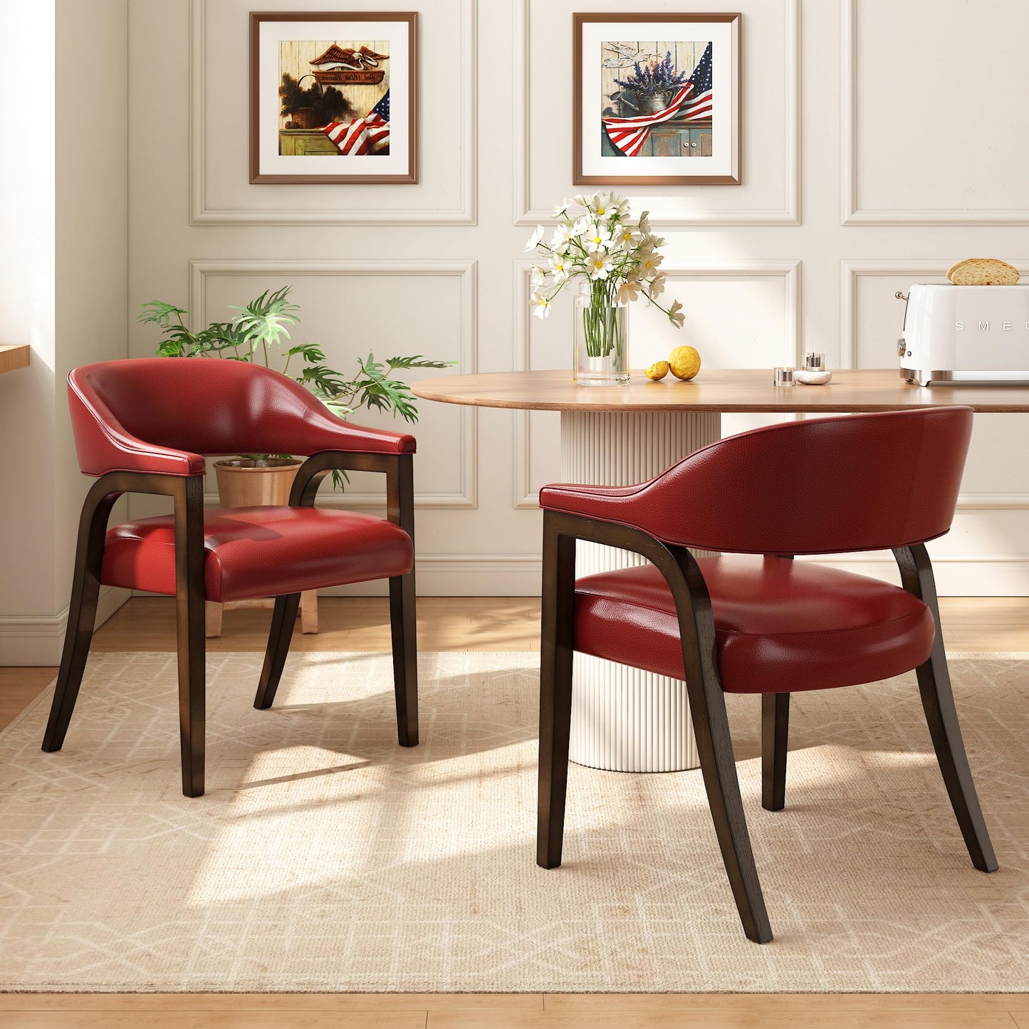 JESONVID Upholstered Barrel Dining Chair Set of 2, 17.72" H Faux Leather Dining Room Chair with Arms Open-Back Dining Chairs w/Wood R Legs Comfy Accent Side Chairs for Home Kitchen, Wine Red