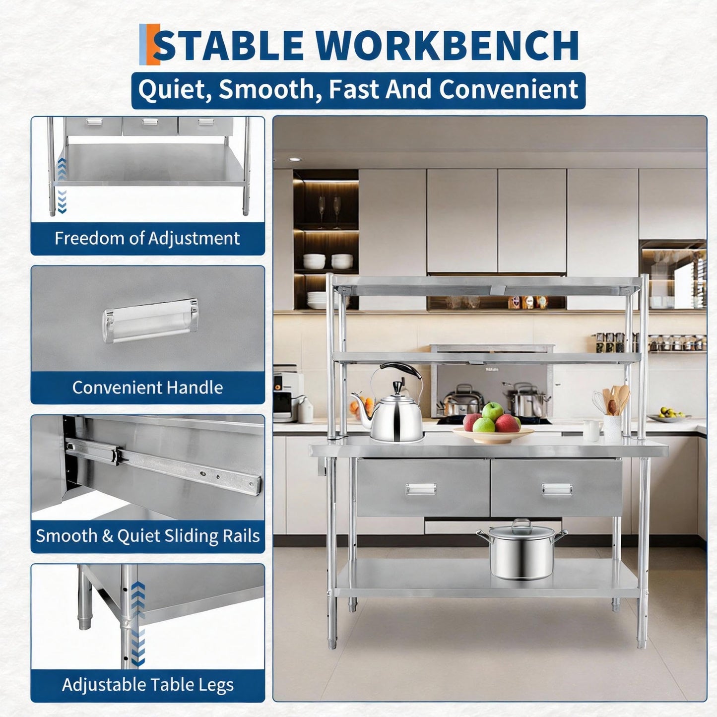 Stainless Steel Table with Shelves & Drawers, 48" x 24" Prep Table for Commercial Kitchen, Heavy-Duty NSF Work Tables Workbench with Adjustable Undershelf for Home Kitchen Restaurant Garage Warehouse