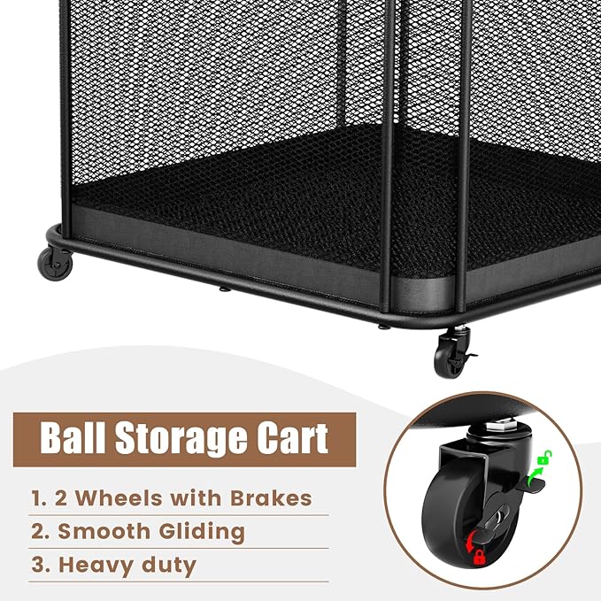 VOPEAK Oversized Rolling Ball Storage Cart with Lockable Wheels, Ball Storage Organizer with Mesh Basket, Sports Ball Rack for Indoor Outdoor, Metal Sports Equipment Organizer for Garage Gym School