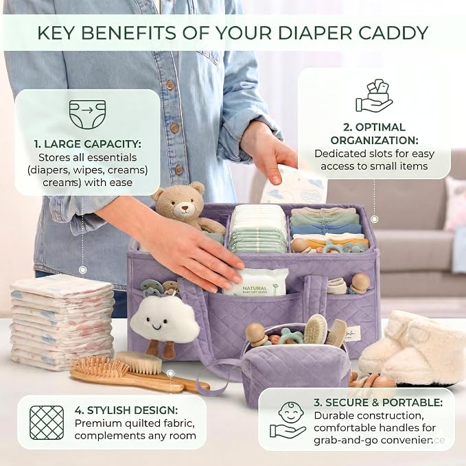 PeraBella Baby Diaper Caddy Organizer, Baby Basket Shower Gift, Portable Changing Table Basket, Postpartum Caddy & Tote Bag Pouch, Newborn Boy & Girl Nursery Essentials Registry, Car Diaper Organizer