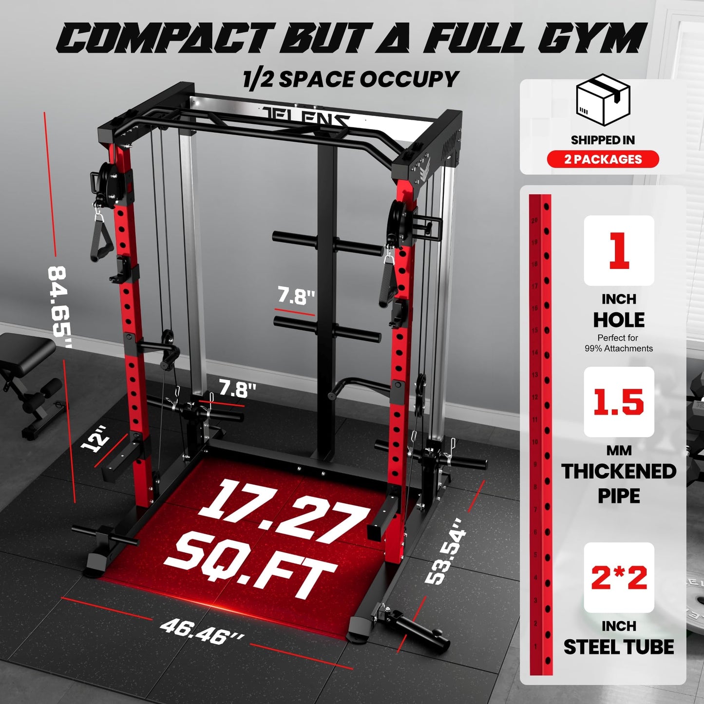JELENS C21 Power Cage, 2000LBS Multi-Function Power Rack with Independent Dual Pulley System, All-in-One Squat Rack for Cable Crossover, Home Gym Workout Machine (Red, C21 Power Cage (Home Gym))