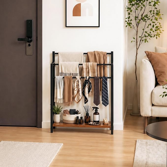 24.8" W Freestanding Towel Rack, 3 Tier Blanket Ladder Stand with Rustic Brown Wooden Shelf for Bathroom Living Room