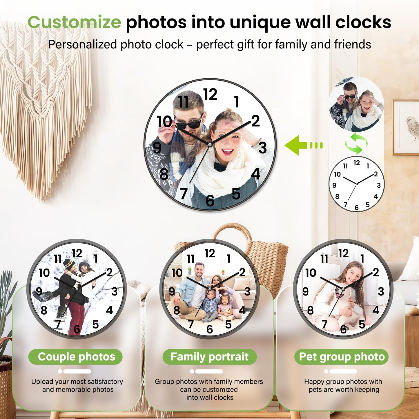 Gloryage Custom Wall Clock with Picture and Text - Personalised Round Hanging Clocks, Silent Non-Ticking Analog Classic Wall Decor for Home Office, Unique Photo Gifts for Birthday Anniversary (Black)