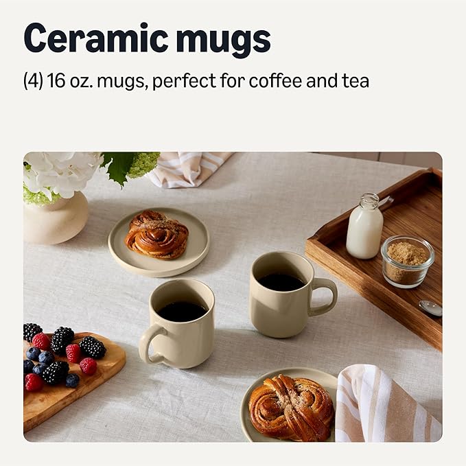 Amazon Basics Stoneware Coffee Mugs, 16 oz, 4-Piece Set, Gloss-Glazed, Stain-Resistant, Microwave, Freezer and Dishwasher-Safe, Linen Gray