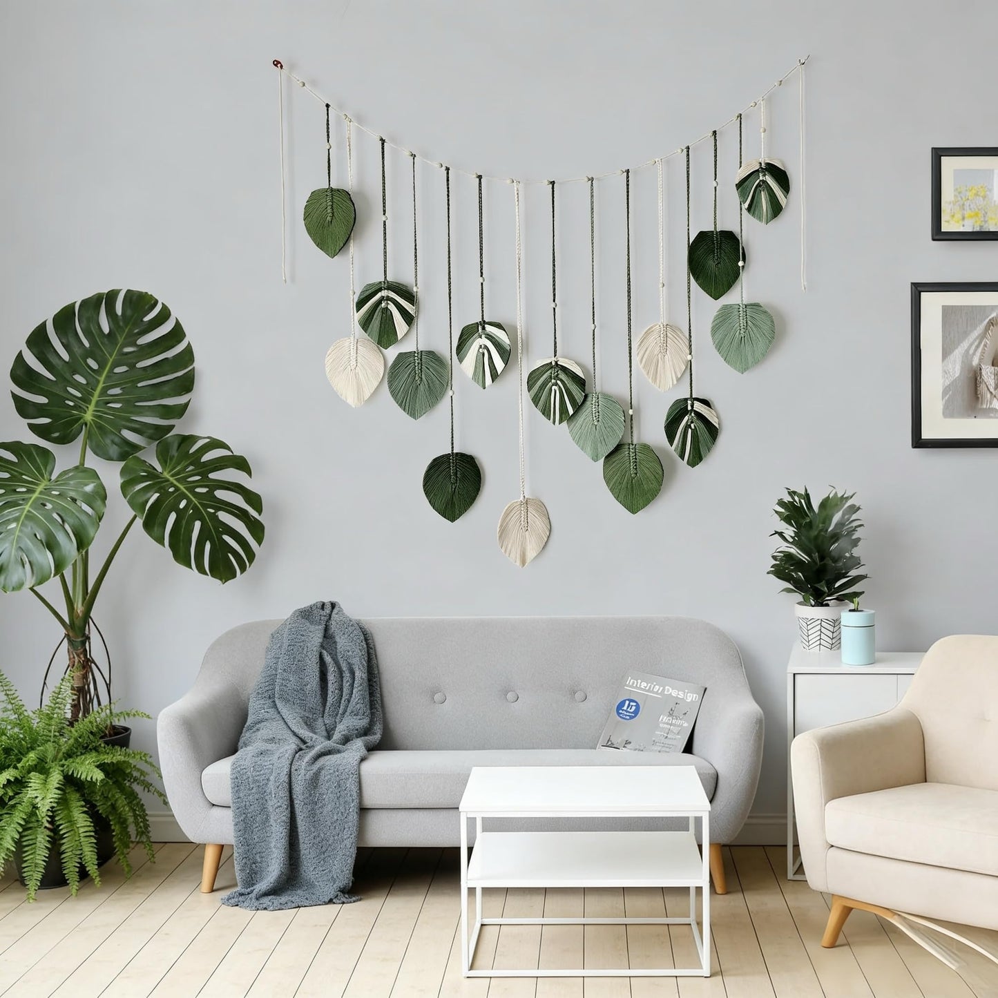 M MANUAL Macrame Leaves Wall Hanging 47.3x29.5Inch Large Chic Feather Boho Macrame Wall Decor Leaf Hanging Photo Display Handmade Woven Wall Art 16pcs Leaf Tapestry - Green