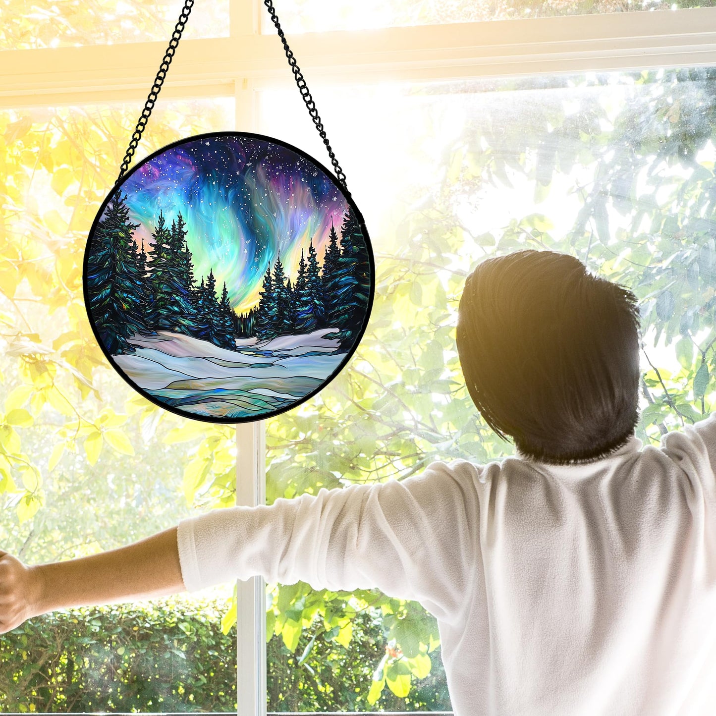 DASTOLL Stained Glass Window Hanging, Aurora Landscape Sun Catchers Glass Panel Green Trees Suncatcher Decor for Birthday for Women, Men, Wife, Aunt, and Mom 7.8 in