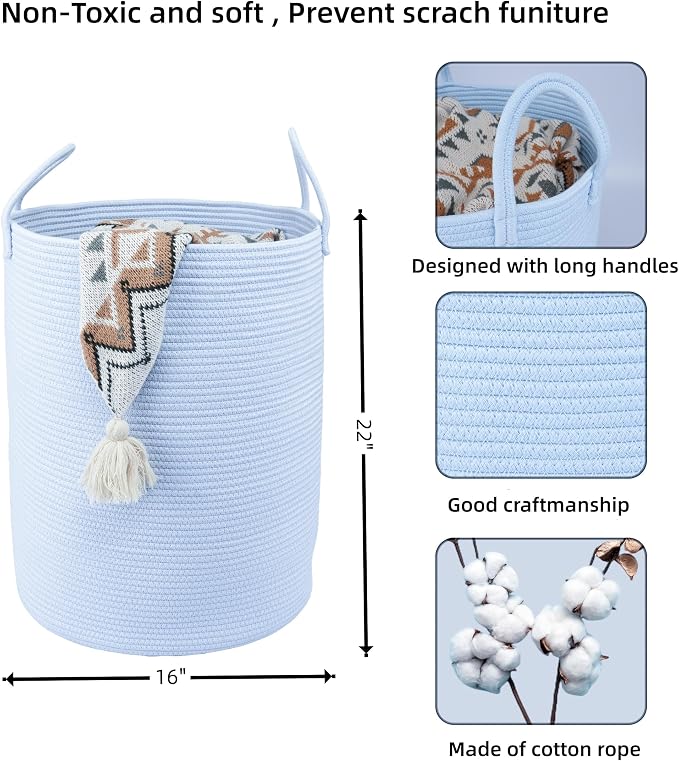 XUANGUO Cotton Rope Laundry Basket Hamper for Clothes Woven Storage Basket for Living Room Bedroom Boho Tall Rope Baskets for Blanket Toys Pillow Towels Baby Nursery Hamper Bin light blue Large