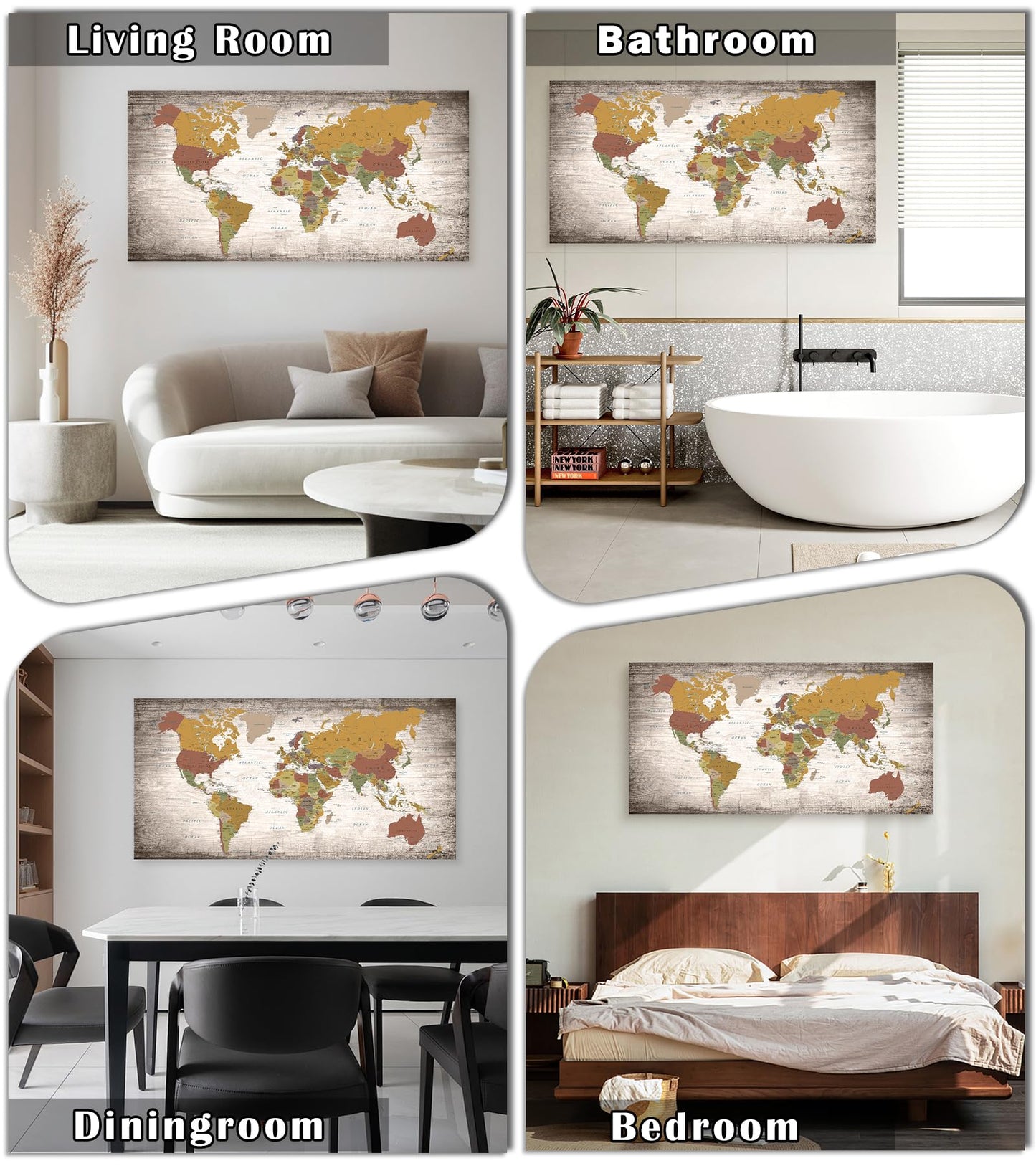 Baisuwallart B0562 1 Piece World Map Poster Canvas Wall Art Painting Modern Framed Map of The World Home Office Decor Maps Picture Prints for Living Room Artwork 48x24inches