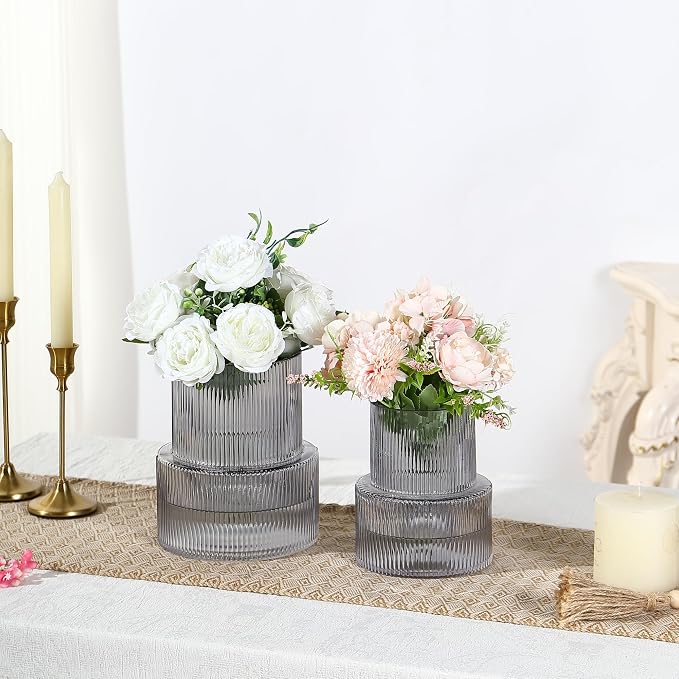 Ribbed Glass Vases for Bouquet, Set of 2 Black Vases for Flowers, Black Glass Vase for Tulips, Modern Vase for Living Room, Office, Coffe Table, Dining Table, Shelf, Wedding