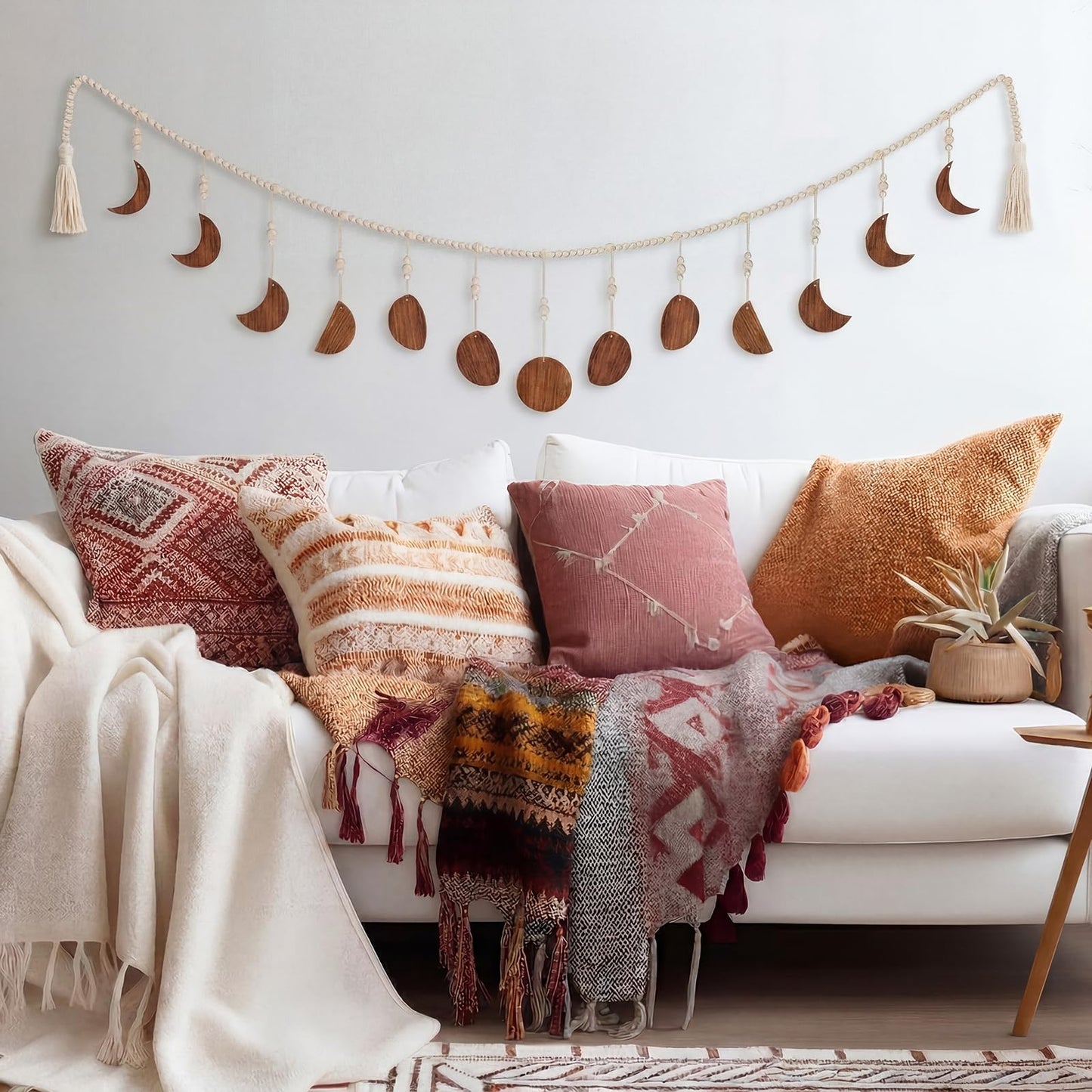 RattanView Moon Phase Wall Decoration Boho Wood Beaded Home Hanging Decorations with Tassel Phases the Celestial Moon Gold Wall Art for Bedroom Bohemian Astrology Witchy Dorm Living Room