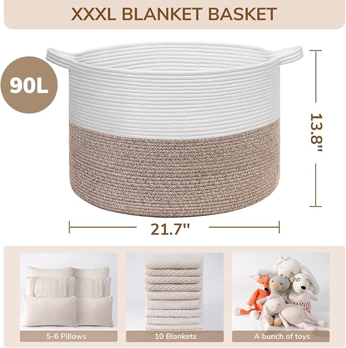 INDRESSME XXXLarge Blanket Basket for Living Room 21.7" x 21.7" x 13.8"-Storage Basket with Handle for Organizing Toy Pillows Woven Cotton Rope Laundry Basket Stuffed Animal Toy Storage for Play Room