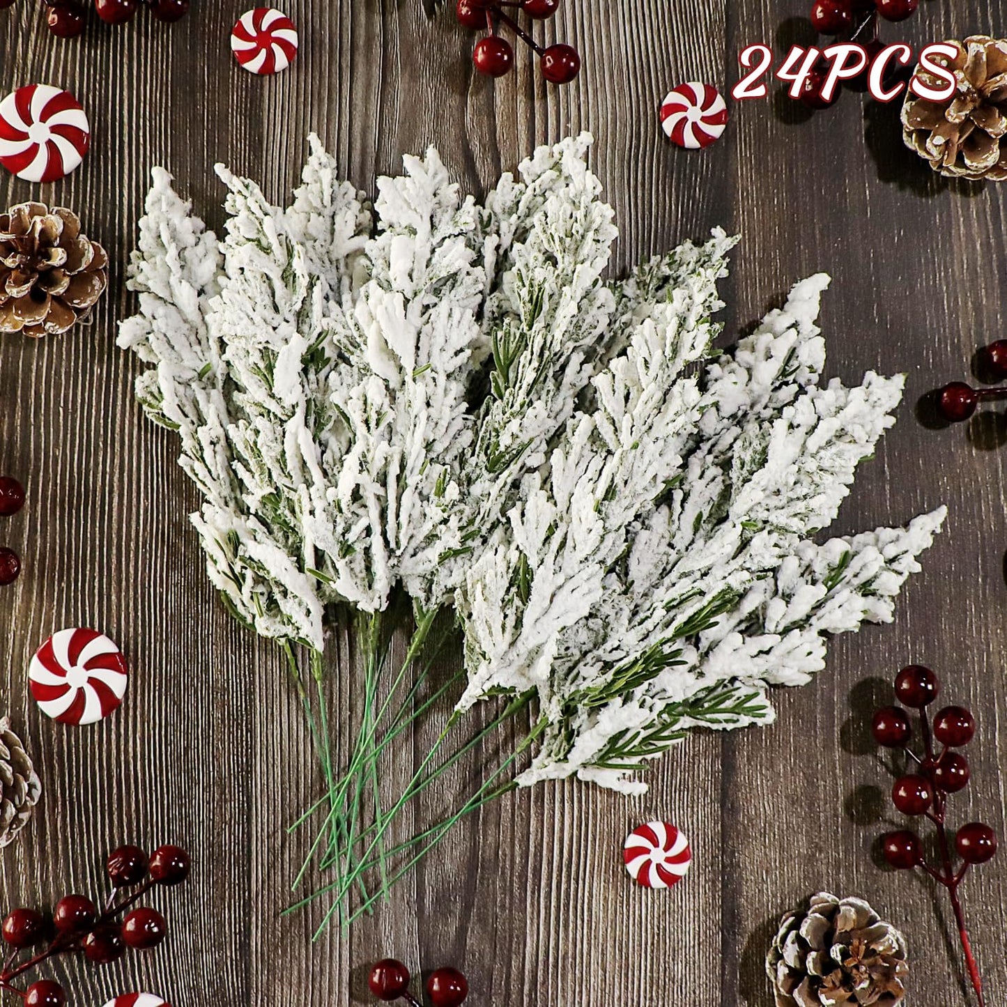 24 Pcs Christmas Snowy Artificial Pine Branches,10.5" Faux Frosted Evergreen Norfolk Pine Sprigs Cypress Leaves Fake Foliage Greenery Picks for Xmas Wreath Making DIY Crafts Decor (24, Snow White)