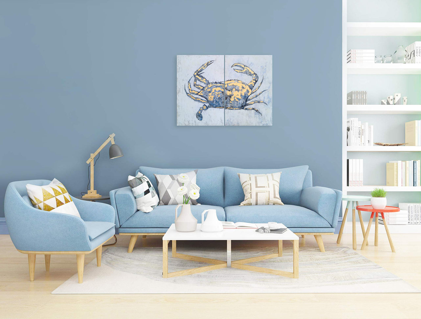 Yihui Arts Blue and Gold Foil Crab Diptych Wall Art - Nautical & Retro Art Decor for Home