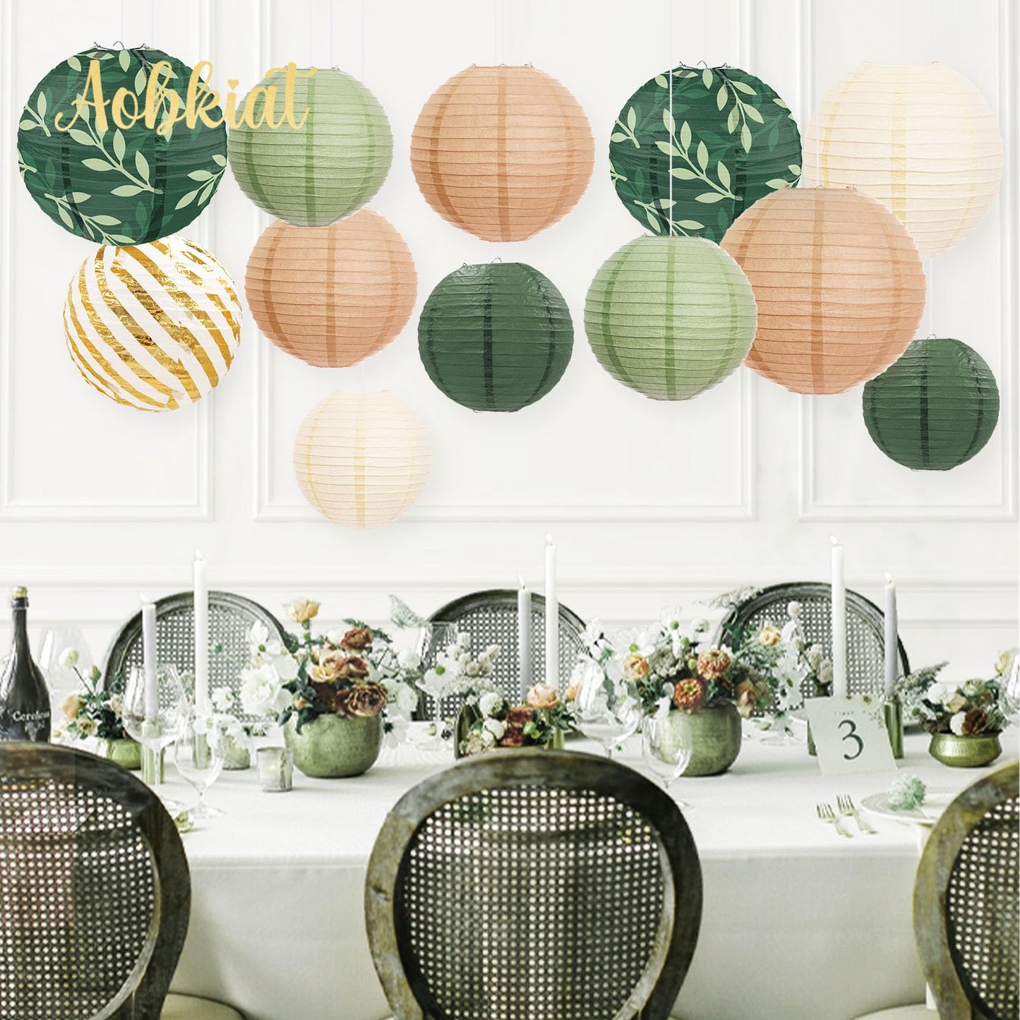 AOBKIAT Party Decorations Paper Lanterns Set,12PCS Sage Green Brown Chinese Japanese Hanging Paper Lantern for Green Boho Wedding,Birthday,Baby Shower,Bridal Showers,Neutral Party Decor
