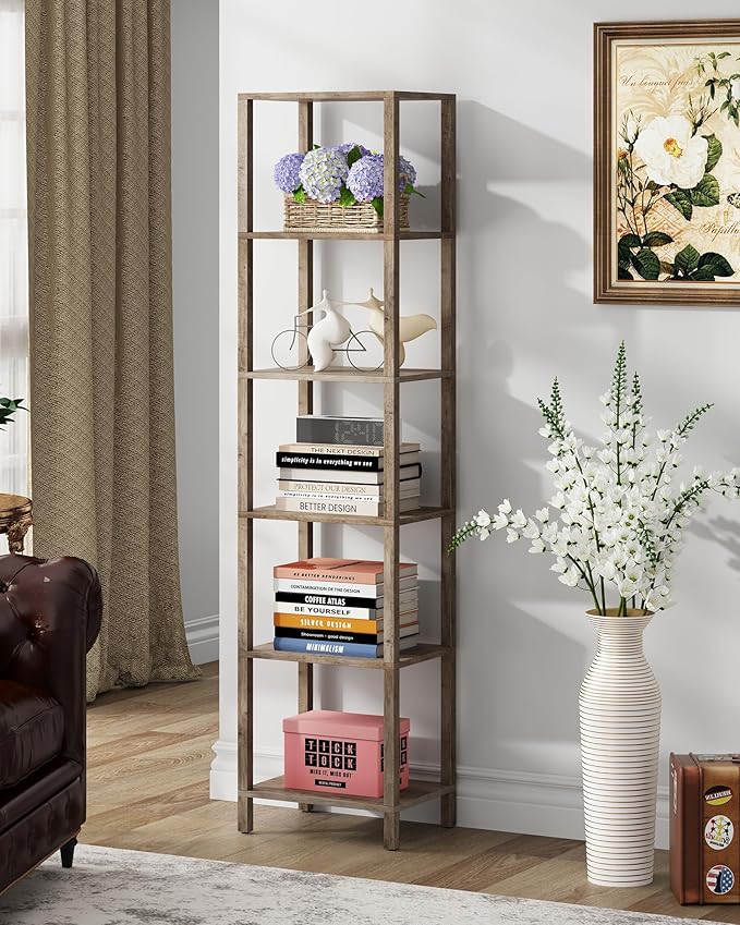 TUTOTAK Bookshelf, 6-Tier Tall Book Shelf, Narrow Bookcase for Small Space, DIY Stackable Bookshelf, for Living Room, Office, Study, Entryway, Industrial, Pure Greige BS01BG006G