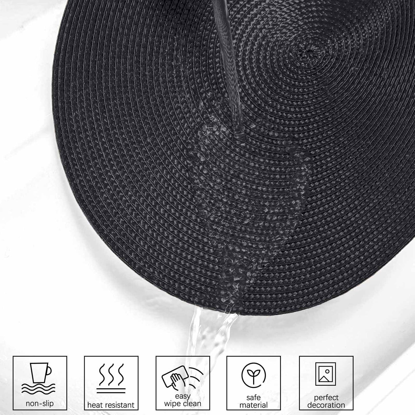 AHHFSMEI Round Placemats Set of 4 Heat Resistant Washable Non-Slip Woven Braided Table Mats for Dining Table Kitchen & Home Decor (Black,4)