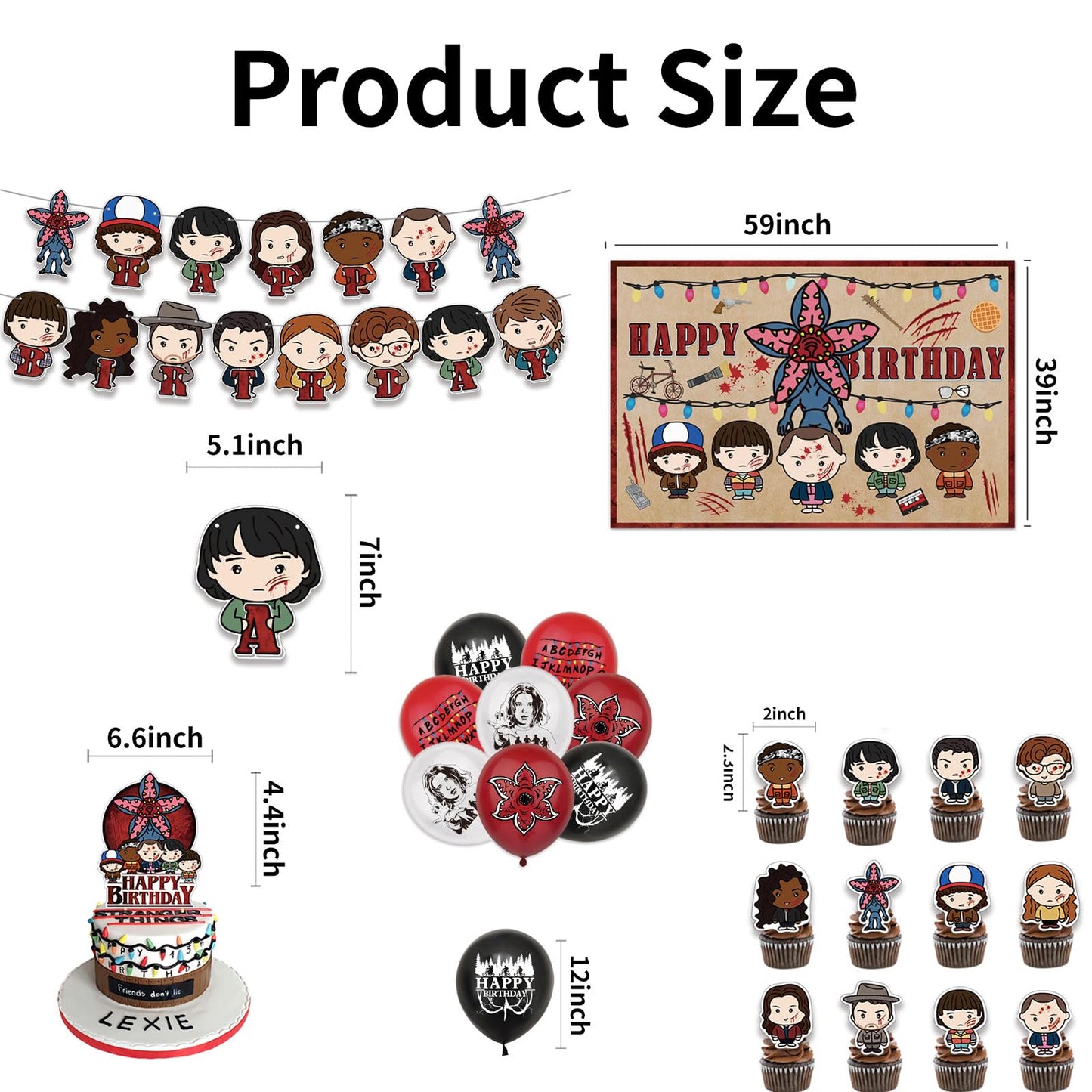 43 Pcs TV Series Theme Birthday Decorations, Cute Birthday Party Decorations, Includes 1 Banner, 1 Backdrop, 1 Cake Topper, 24 Dessert Decorations, and 16 Latex Balloons