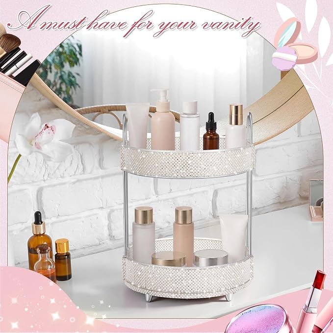 Honeydak 360 Rotating Perfume Organizer Gift for Women, Rhinestone Preppy Skincare Organizer Bathroom Counter Makeup Holder Skincare and Perfume Storage for Cosmetic(2 Tiers,Pearl,White)