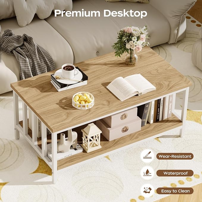 Coffee Table for Living Room with Slatted Sides Frame, Modern Farmhouse Living Room Table with 2-Tier Storage Shelf for Home Office, Apartment, 39 inch, Light Coffee