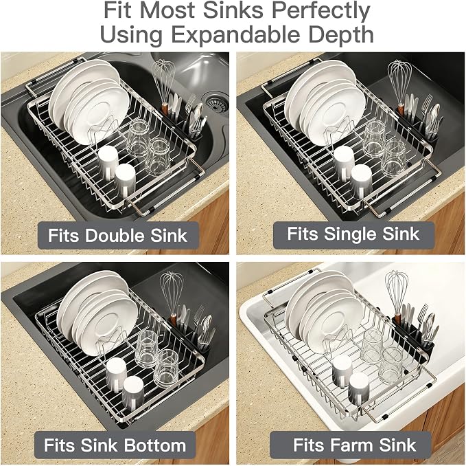 MAJALiS Dish Drying Rack Over The Sink with Utensil Holder, Mat | Expandable Stainless Steel Dish Drainer for Small Kitchen, Apartment, RV, Counter Space Saving, Perfect Fit, Rustproof