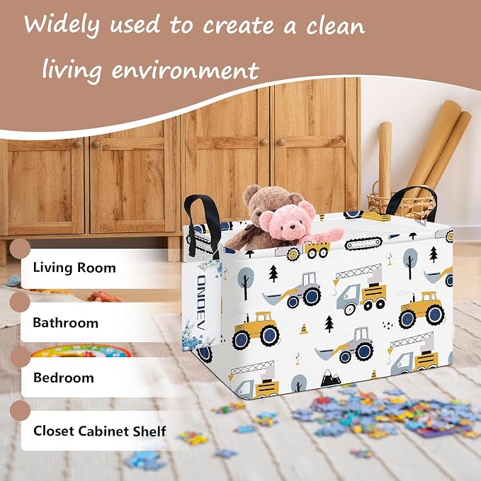 Rectangular Construction Vehicle Storage Basket for Boys,Collapsible Fabric Toy Storage Bin with Handles,Cute Excavator Tractor Truck Organizer for Kids Room,Nursery,Playroom,Closet (Excavator)