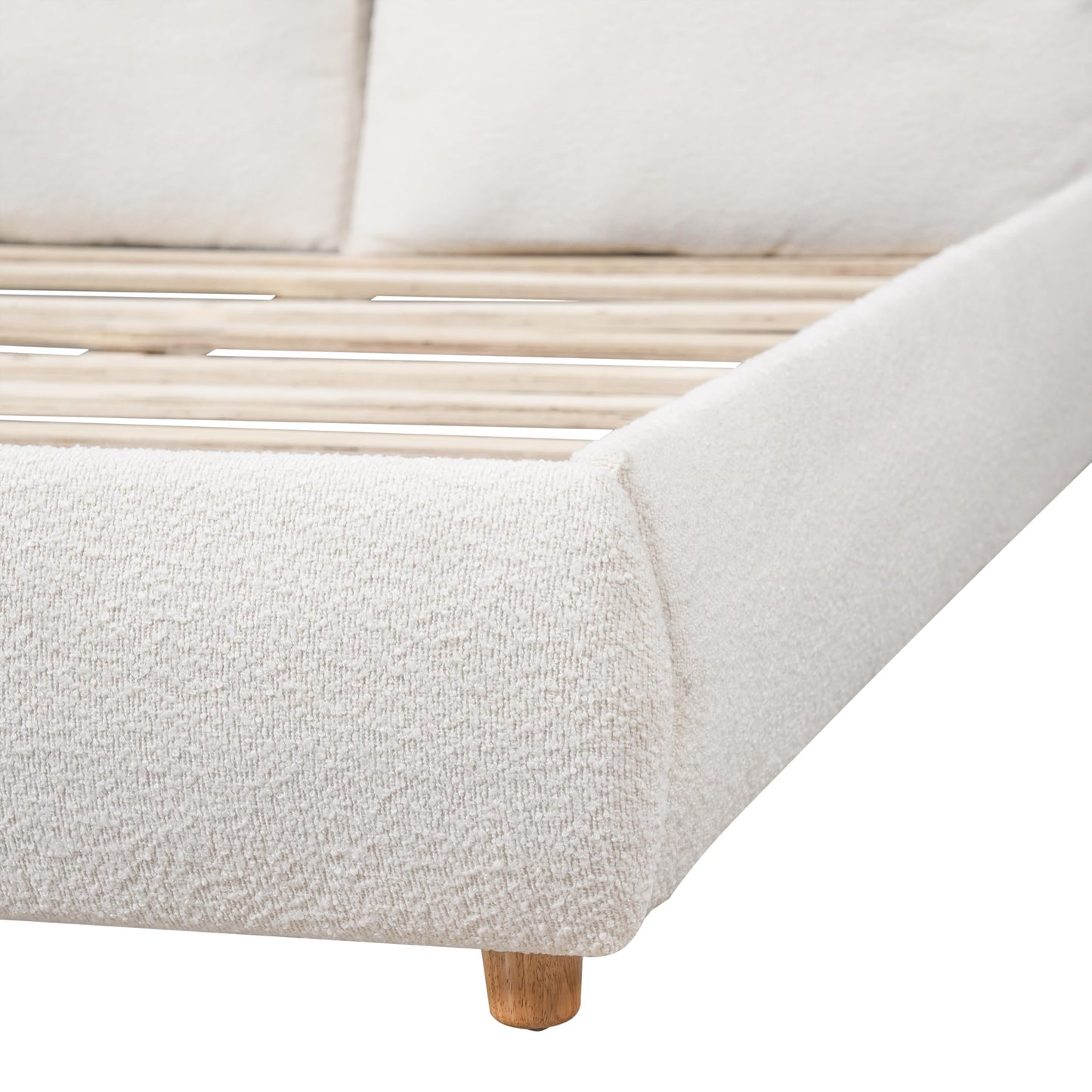 Merax California King Size Boucle Fabric Upholstered Platform Bed with Two Removable Pillow Headboard, Wood Bed Frame with Solid Round Legs for Kids Teens Adults, White