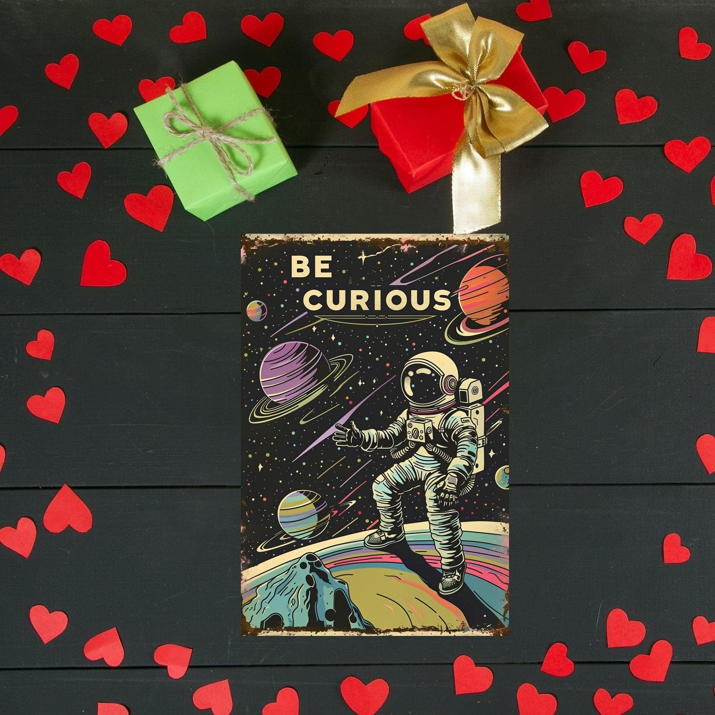 Xanovir Astronauts Tin Signs, Outer Space Metal Arts, Be Curious, Universe Space Poster Planet Positive Wall Decor Plaque for Boys Kids Nursery, Game room 8 X 12 Inches