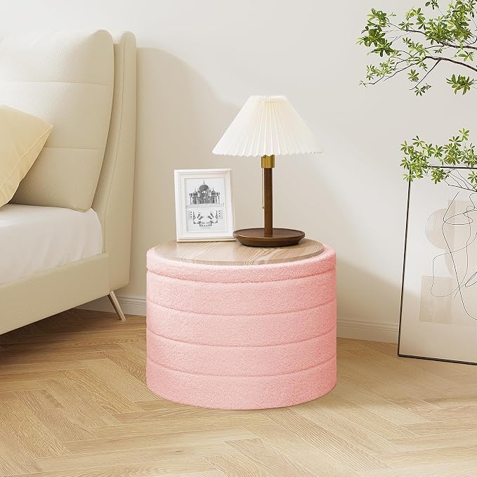 PINPLUS Ottoman with Storage, Foldable Round Ottoman Sherpa Stool with Tray, Boucle Foot Rest for Living Room, Bedroom, Dorm(Pink)