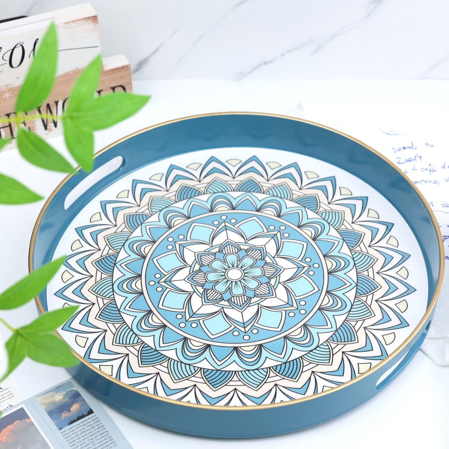 SforGUVA Round Cyan Decorative Tray for Coffee Table, Ottoman, 13” Plastic Serving Platter Tray with Handles for Entertaining, Living Room