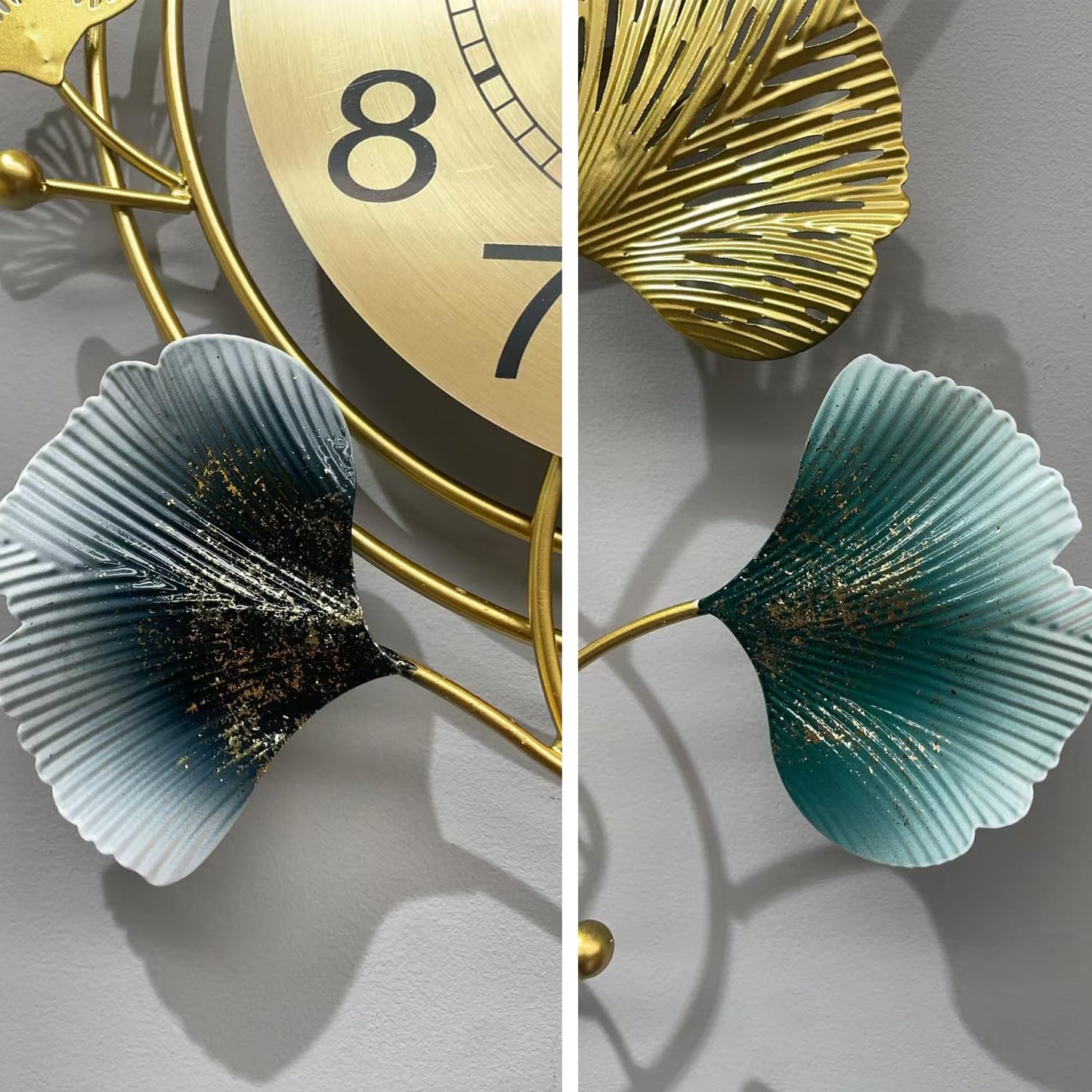 FILLOVE Elegant Metal Wall Clock with Silent Round dial and Gold and Blue Leaves, Modern Non-Walking Silent Metal Wall Clock for Living Room, Bedroom, Study, Office (25in*12in) (Gold Leaf)