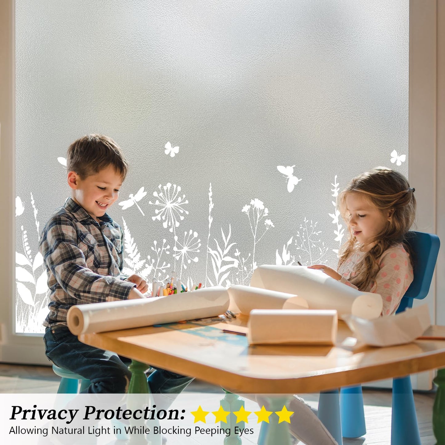 Niviy White Flowes Butterfly Window Clings Spring Summer Window Decals Frosted Glass Window Film Decorative Patterns, Non-Adhesive Reusable Sunroof Decal for Car and Home (Flower, 17.5 x 78.7 in)