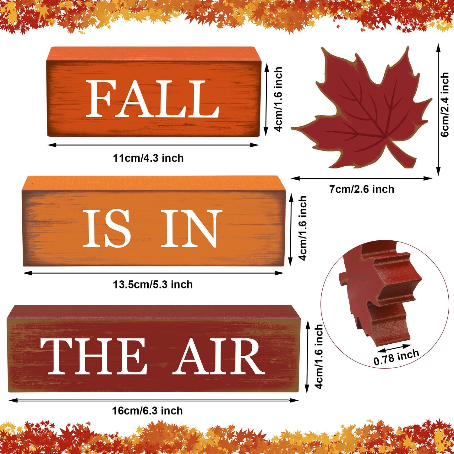 4 PCS Fall Maple Leaf Wooden Table Block Sign Thanksgiving Wood Tiered Tray Decor Fall is in the Air Block Centerpiece Rustic Farmhouse Table Decorations for Autumn Thanksgiving Home Desk Shelf Decor