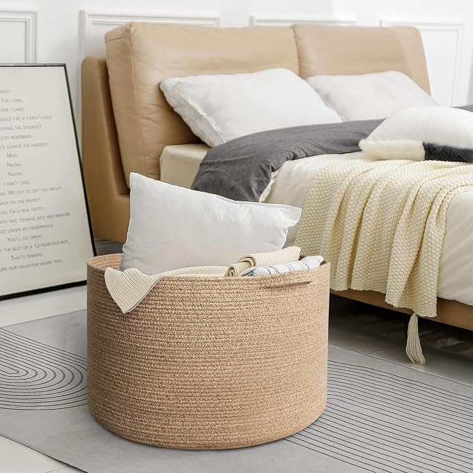 MEGASKET Large Wicker Storage Basket, 22” X 22” X 14” Woven Cotton Rope Basket, Kids Dog Toy Bin Organizer, Blanket Pillow Holder for Living Room, Brown Variegated Wicker Baskets for Organizing