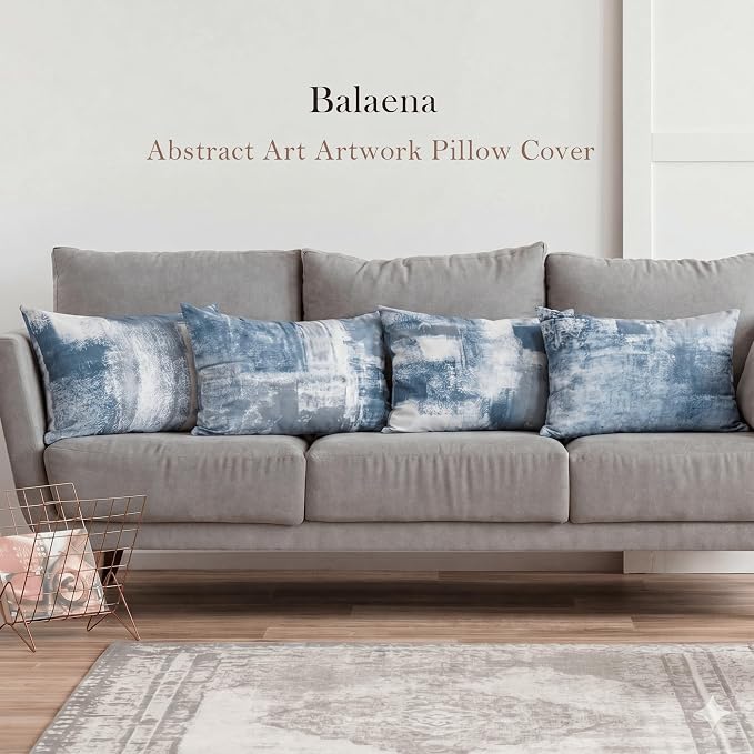 Set of 4 Abstract Art Throw Pillow Covers 12x20 Inch, Dusty Blue and Grey Modern Decorative Cushion Cases for Couch Sofa, Soft Velvet Double-Sided Print Washable Pillow Covers