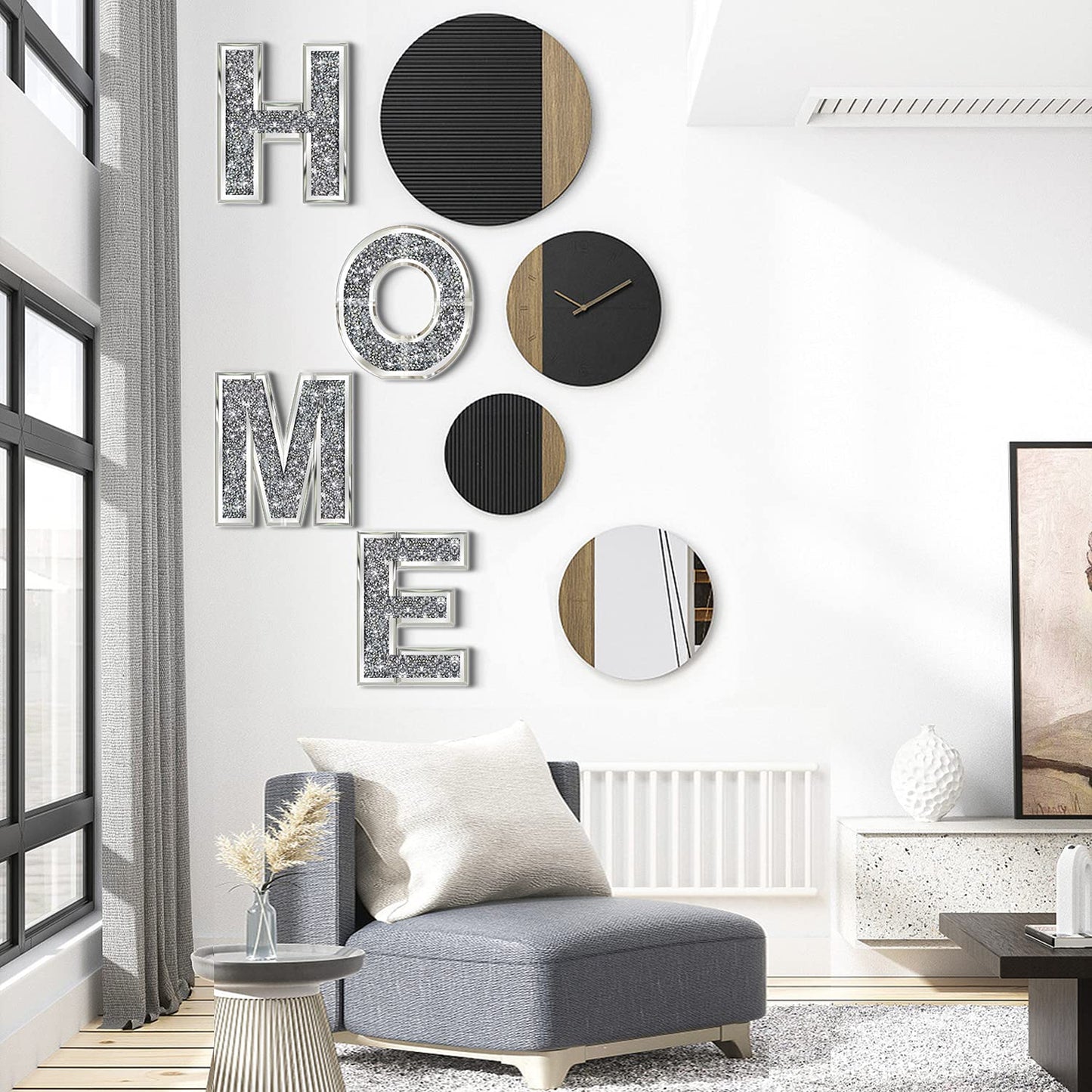 ZOLAPI 4 pcs Independent Letters Home.Glam Crystal Diamond Letters.Silver Mirror Glass Home Decoration for Wall, Fireplace, Bookshelf and Table.
