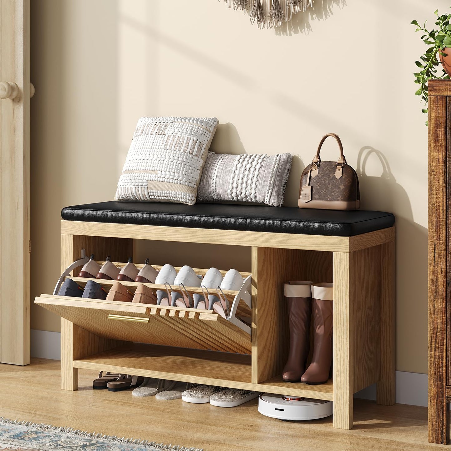UNIQUITE 40" Shoe Storage Bench with Flip Drawers & Padded Seat Cushion, Open Compartments & Slatted Doors, Entryway Bench with Shoe Storage for Entryway, Hallway, Living Room, Bedroom, Natural